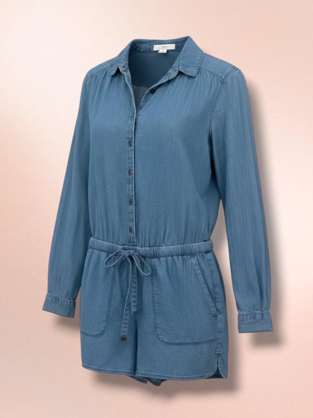 LOFT Petite Denim Long Sleeve Tie Waist Romper